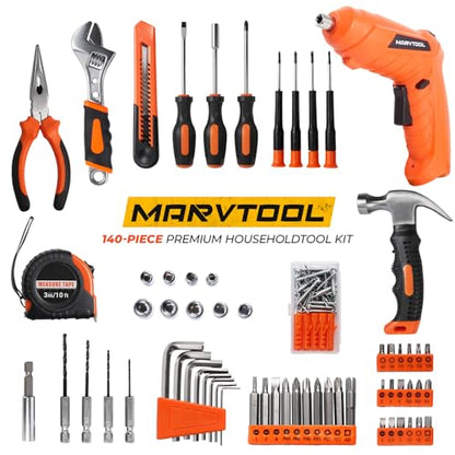 140 Piece Tool Set, Portable Tool Box with Cordless Drill, Home Repair Hand Tool Kit, General Household Drill Set for Homeowner, DIY, Handyman, Women