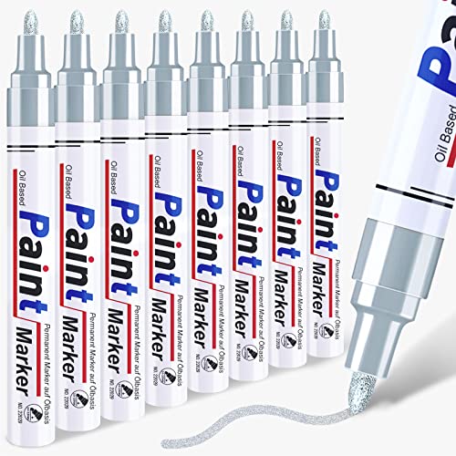 Silver Paint Pen Permanent Metallic Marker - 8 Oil Based Paint Pens, Medium Tip, Quick Drying and Waterproof Marker Pens for Automotive Restoration, Metal, Rock Painting, Silver Permanent Marker - color: Silver