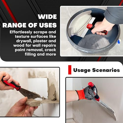 12PCS Drywall Tools Set - Stainless Steel Putty Kit with 1"-8" Knives, 8"-10" Taping Knife, 6.5" Bucket Scoop, 8-in-1 Painter Scraper, 12" Mud Pan, 13" Floor Scraper Blade with 4" Replacement Blades