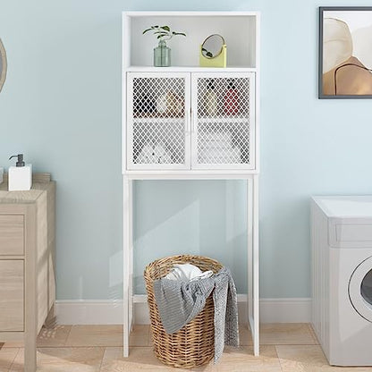 Launica Over The Toilet Storage, Industrial Bathroom Organizer Over Toilet, Freestanding Over Toilet Bathroom Storage Cabinet with Rack, Wood Metal Bathroom Space Saver Shelf Over Toilet, White Oak - color: White Oak
