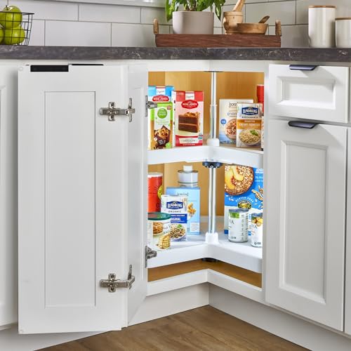 Rev-A-Shelf 2 Tier Kidney Cut Lazy Susan for Corner Base Cabinets, Plastic, 24" Double Shelf Swivel Kitchen Spice/Can Organizer, White, 3472-24-11-52 - size: 24 inch