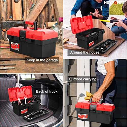 MAXPOWER Small Tool Box, 14-inch Plastic Tool Boxes with Handle, Removable Tray with Dual Lock Secured, Red Toolbox for Home - style: 14" red