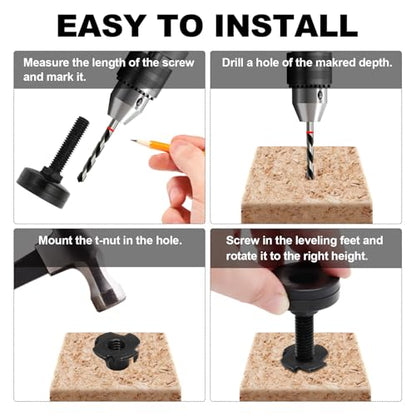 Luomorgo 4 Pcs Adjustable Leveling Feet with T-Nut, Anti Skid 3/8"-16 x 1.5 Threaded Furniture Levelers, Heavy Duty Appliance Feet for Cabinet, Table, Sofa, Mechanical Equipment