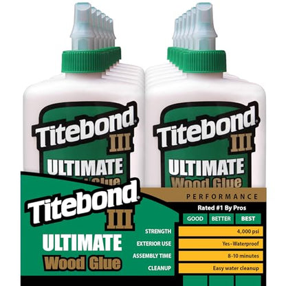 Titebond III Ultimate Wood Glue 4 Oz. (12 Pack) – Premium Professional Woodworking Adhesive, Waterproof, Strong Initial Tack, Interior/Exterior Use, Easy Water Cleanup – 1412 - size: 4 Oz. (12 Pack)