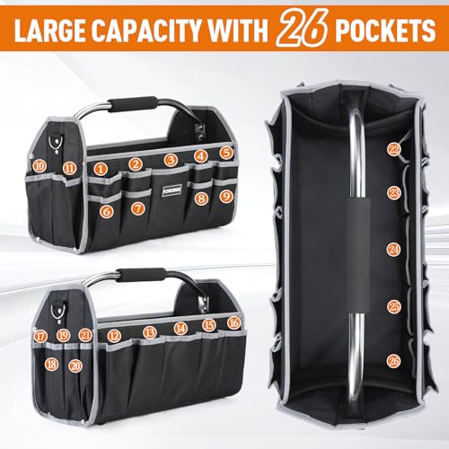 Kowsinde 18 Inch Tool Bag, Electrician Tool Bag, Open Top Tool Bags, 26 Pockets Can Hold Many Tools, Steel Handle and Removable Shoulder Strap - color: Grey