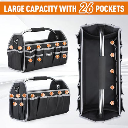 Kowsinde 18 Inch Tool Bag, Electrician Tool Bag, Open Top Tool Bags, 26 Pockets Can Hold Many Tools, Steel Handle and Removable Shoulder Strap - color: Grey