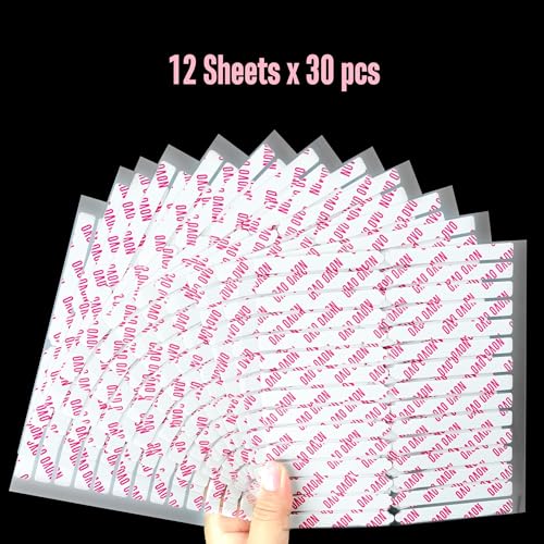 NOVO OVO 360 pcs EASY TEAR Adhesive Tabs for Press on Nails Display, Clear Removable Double Sided Gel Glue Mounting Sticky Tape for Nail Art/Packaging/Storage/Practice/Supplies 30 pc x 12 sheets - color: Easy Tear Transparent Double-Sided Nail Tape