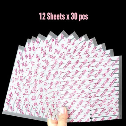NOVO OVO 360 pcs EASY TEAR Adhesive Tabs for Press on Nails Display, Clear Removable Double Sided Gel Glue Mounting Sticky Tape for Nail Art/Packaging/Storage/Practice/Supplies 30 pc x 12 sheets - color: Easy Tear Transparent Double-Sided Nail Tape