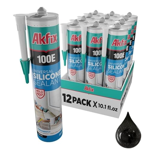 Akfix 100E RTV Black Silicone Caulk (12x10.1 fl.oz.) - 100% Waterproof Silicone Sealant for Kitchen and Bathroom, Shower, Toilet, Sink, Window and Door, UV Resistant, Flexible | Black, 12 Pack - color: Black, size: 12 Pack