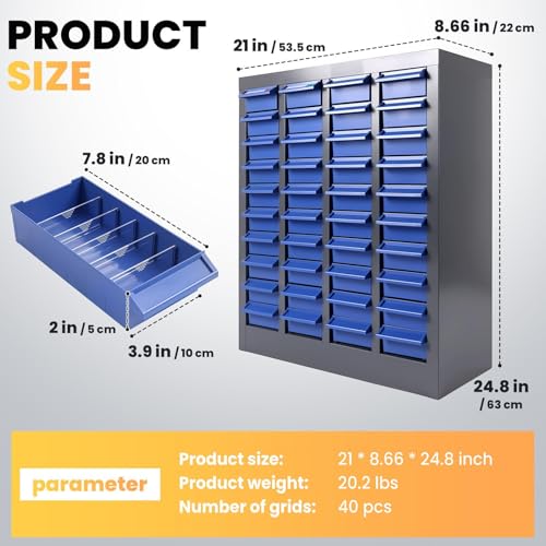 Large Parts Cabinet : 40-Drawer Nut and Bolt Organizer with ABS Drawers, Adjustable Dividers, Labels, 420-Pound Capacity for Hardware Storage (21x9x25In) - size: 40-Drawer
