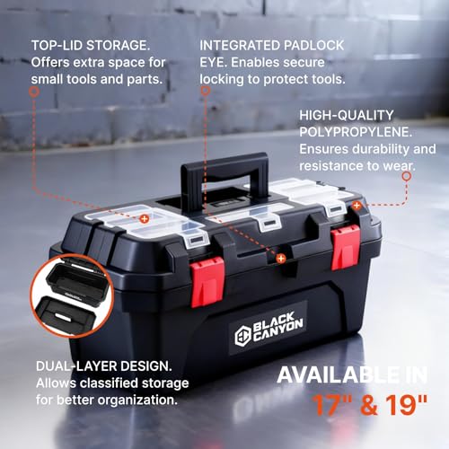 Black Canyon 19 Inch Portable Plastic Tool Box, 19 in × 9.6 in × 8.3 in, Padlockable 1 Piece 19 in - size: 8.3 in × 9.6 in × 19 in
