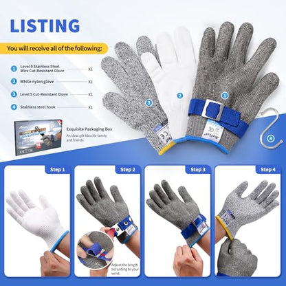 Cut Resistant Gloves Food Grade & Stainless Steel Mesh for Oyster Shucking Butcher Work Kitchen Meat and Fish Slicing Lightweight Breathable Anti-Cut Gloves(2 Pcs -Size: 9/Large) - size: Large, style: Level 9 Cut Resistant (Pack of 2)