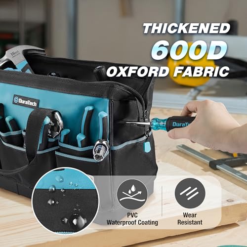 DURATECH 16-Inch Heavy Duty Tool Bag with Waterproof Hard Bottom, Tool Bag Organizer Wide Open Mouth with 18 Pockets, Portable Toolbag for Men Mechanic Electrician Plumber HVAC - size: 16 Inch