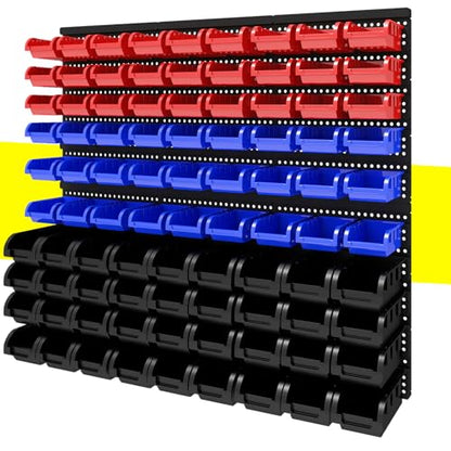 90Pcs Plastic Wall Mounted Storage Bins Parts Rack Nuts And Bolt Bins Organizer For Shop Garage for Screws, Nuts, Bolts, Nails, Beads, and Small Hardware Parts,Red,Blue,Black