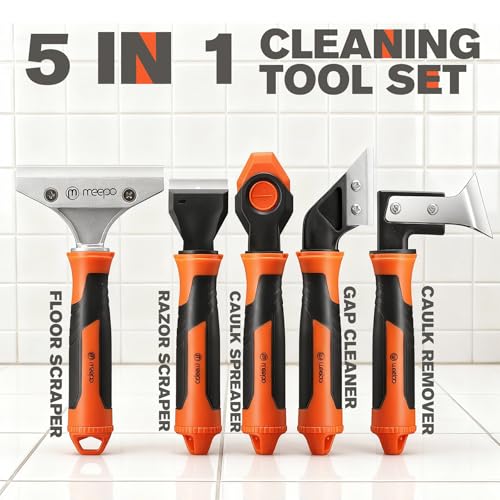 M MEEPO 5 in 1 Razor Blade Scraper & Caulking Tool Set, with 80 pcs Razor Blades & 5 pcs Scraper Blades, Extentable & Detachable Scraper Tool Oven Cleaner Caulk Grout Remover Tool for House Cleaning