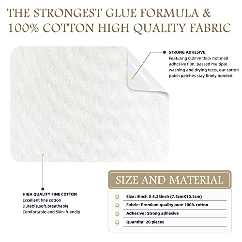 KING MOUNTAIN Iron-on Repair Patch 20 Pcs Pack,100% Cotton Iron-on Repair Patch,3" x4-1/4 with Back Glue Fabric Repair Kit,Repair Denim, Clothes and Fabric (White1.0 - color: White1.0, size: Cotton-3"x4-1/4"