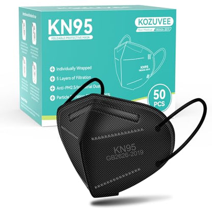 KN95 Face Masks 50 Pack, 5 Layer Breathable Disposable Cup Dust Safety Masks Individually Wrapped， - color: Black 50 Pack