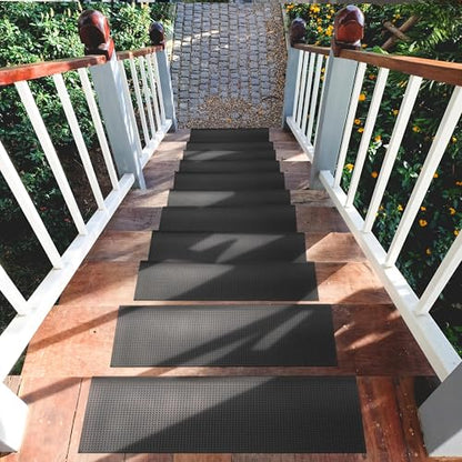 Ottomanson Outdoor Rubber Stair Treads – Dots Heavy-Duty Non-Slip Stair Mats – Best Grip on Concrete, Brick & Textured Step – Fastening Recommended for Wooden & RV Steps, Pack of 5 - color: Black Grip Dots