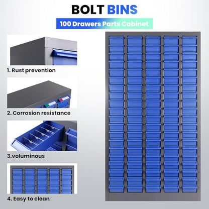100 Drawers Industrial Nut and Bolt Organizer, Parts Cabinet with 500 Dividers & 200 Label Slots, ABS Drawers Multi-Use Bolt Bins Hardware Organizer System for Workshop, Warehouse and Office - style: 100 Drawers