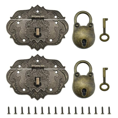 2 Set Jewelry Box Hasp Catch and Lock, Retro Engraved Decorative Hardware Kit with Screws for DIY Wooden Case Furniture Cabinet Suitcase Decoration and Repairs (Antique Bronze)