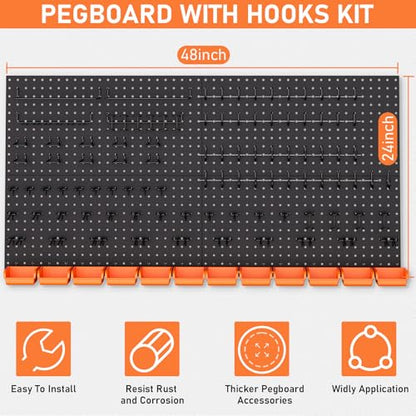 INCLY 48x24 Inch Metal Peg Board Kit with 1/4" Pegboard Hooks Accessories, 4PCS Pegboard Panels and 156PCS Black Pegboard Wall Organizer Tool Storage System for Garage Workbench Shed - size: 48x24 Inch