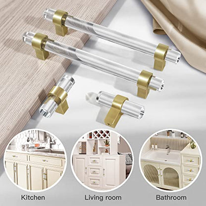 3-3/4 Inch Brass Cabinet Pulls, Clear Glass Crystal Gold Drawer Pulls and Handles (96mm, 5 Pack) - color: Brushed Gold, size: Hole Center : 3-3/4 Inch (96mm), style: 5 Pack