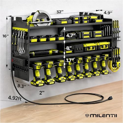 Large Power Tool Organizer Wall Mount, 6-Shelf Heavy Duty Metal Tool Storage Rack with Drill Holder Slots, Side Screwdriver Racks and Hook Bar, Wall Mounted Tool Organizer for Garage Workshop