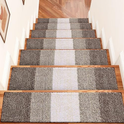 OLANLY Stair Treads Non Slip 15PCS, 8" x 30" Indoor Stair Runners for Wooden Steps, Edging Stair Rugs with Reusable Peel and Stick Adhesive for Kids Elders and Pets, Light Brown - color: Light Brown
