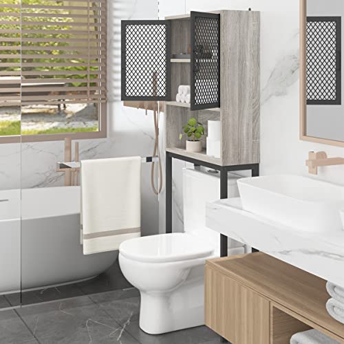 Launica Bathroom Space Saver, Over The Toilet Storage Cabinet, Metal and Wood Industrial Organizer Stand Above Toilet, Freestanding Rack Behind Toilet with Shelf, Light Grey Oak - color: Light Grey Oak