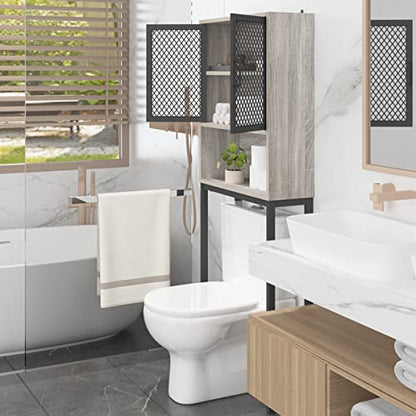 Launica Bathroom Space Saver, Over The Toilet Storage Cabinet, Metal and Wood Industrial Organizer Stand Above Toilet, Freestanding Rack Behind Toilet with Shelf, Light Grey Oak - color: Light Grey Oak