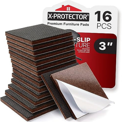 X-Protector Non Slip Furniture Pads for Hardwood Floors - 16 PCS 3'' - Anti Slip Rubber Square Pads - Black / Brown - size: 16 Square 3"