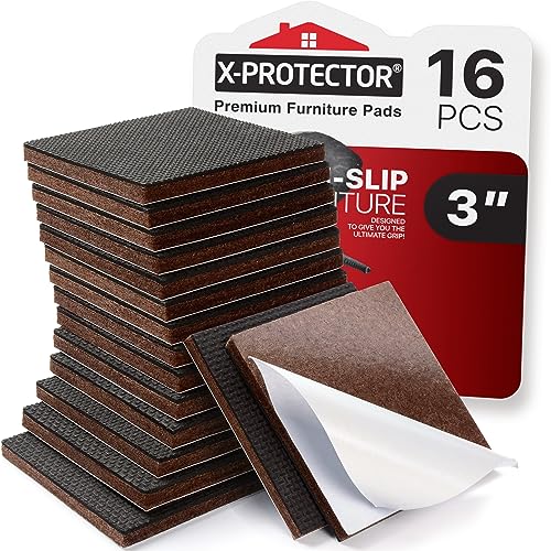 X-Protector Non Slip Furniture Pads for Hardwood Floors - 16 PCS 3'' - Anti Slip Rubber Square Pads - Black / Brown - size: 16 Square 3"