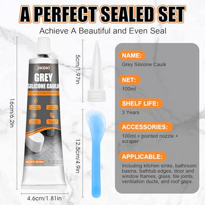 JAOJAO Gray Caulk, Waterproof Gray Silicone Caulk Excellent Adhesion Long-Lasting Flexibility Stable Performance Widely Applicable for Kitchen Sinks Bathrooms Doors and Windows, 100ml - color: Grey