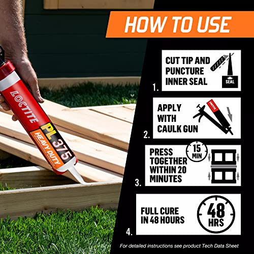 Loctite PL375 VOC Heavy Duty Construction Adhesive, Versatile Construction Glue for Wood, Fiberboard, Drywall & More - 10 fl oz Cartridge, Pack of 1