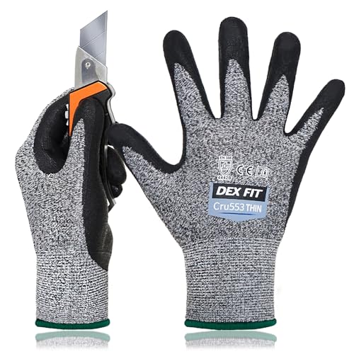 DEX FIT Level 5 Extreme Cut Resistant Gloves Cru553 Thin, Non-Slip Power Grip, Professional Grade 3D Comfort Fit, Thin & Lightweight, Breathable, Touchscreen Compatible, Itch-Free; Grey M (8) - color: Grey, size: Medium(1 Pair)
