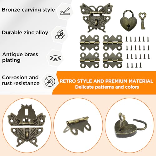 1 Set Retro Engraved Jewelry Box Hinges Hasp Catch Lock Set, Decorative Hardware Kit with Screws for DIY Wooden Case Furniture Cabinet Suitcase Decoration and Repairs (Antique Bronze)