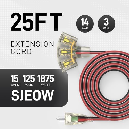 25FT Outdoor Extension Cord with Multiple Outlets, 14/3 Gauge Medium Duty, 15A 1875W, 3 Prong with LED Light & Locking Plug, Weather Resistant, ETL Certified for Lawn Mower, Tools, Christmas Lights