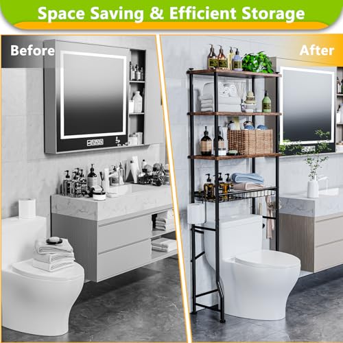 Over-The-Toilet Storage Shelf,4-Tier Bathroom Organizer Cabinet Rack And Storage Over Toilet With Shelf Waterproof Feet Pad And Basket,Multifunctional Space Saver Freestanding Bathroom Shelves（Brown） - color: Round Tube - Brown