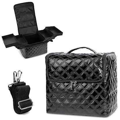 Deciniee Travel Makeup Bag, 4 Trays Large Cosmetic Bag for Woman with Adjustable Dividers, Organizer Bag Waterproof, Travel Essentials Cosmetic Bag, Train Case for Nail Tech Black - color: Black PU Rhombic Regular