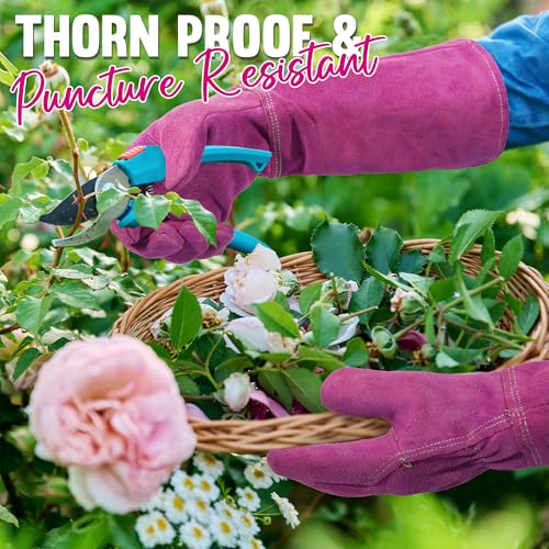 HANDLANDY Ladies Leather Gardening Gloves, Thorn Proof Women Rose Pruning Garden Yard Glove, Heavy Duty Long Sleeve Gloves (Small, Rosy) - color: Rosy, size: Small (Pack of 1)