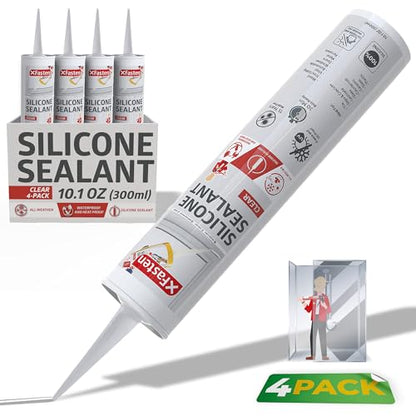 XFasten Clear Silicone Caulk Neutral Cure 10.1 oz (4-Pack) 100% Waterproof Silicone Sealant, Crack and Shrink Resistant, Low Odor, Strong Adhesion Caulking for Kitchen Bath Window Shower Outdoor Use - size: 4-Pack
