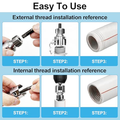 3PCS Integrated Internal & External Pipe Threader Tool for Electric Drill, NPT Thread Maker 1/2", 3/4", 1" with 2 Rolls PTFE Tape, PVC Plastic Pipe Threading Kit for Plumbing and Home Repairs