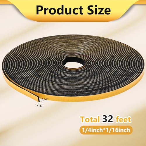 32Feet Weather Stripping (1/4 Inch X 1/16 Inch) Door Seal Strip, Strong Adhesive, Lightproof, Soundproof, Weatherproof Foam Tape Insulation for Sliding Door, Front Door Frame, Windows- Black - size: 1/4 Inch X 1/16 Inch X 32Feet