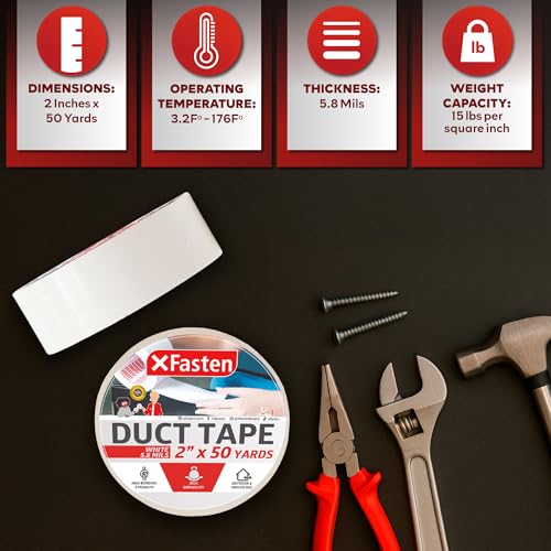 XFasten Duct Tape White, 2 Inches x 50 Yards, All-Weather Duct Repair Tape for Heavy-Duty Repair, Patching, Packing | High Tensile Strength & Shear Stress Resistance | Cold and Snow Resistant - color: White