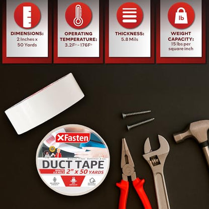 XFasten Duct Tape White, 2 Inches x 50 Yards, All-Weather Duct Repair Tape for Heavy-Duty Repair, Patching, Packing | High Tensile Strength & Shear Stress Resistance | Cold and Snow Resistant - color: White