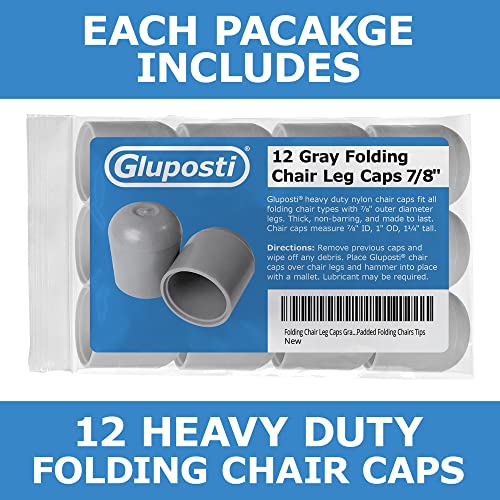 Folding Chair Leg Caps Gray 7/8 Inch (12 Pack) - Heavy Duty Nylon Chair End Caps, Non-Marring Round Hardwood Floor Protectors, Compatible Replacement Plugs for Metal and Padded Folding Chairs Tips