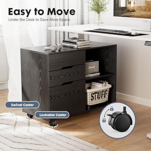 DUMOS Lateral File Cabinet with 3 Drawers Rolling Filing Cabinets Under Desk Storage Printer Stand Wood Organizer with Wheels Adjustable Shelf for Office Home Small Space, Black - color: Modern Black