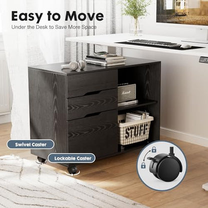 DUMOS Lateral File Cabinet with 3 Drawers Rolling Filing Cabinets Under Desk Storage Printer Stand Wood Organizer with Wheels Adjustable Shelf for Office Home Small Space, Black - color: Modern Black