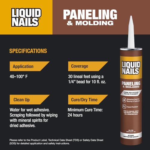 Liquid Nails 10 oz. Paneling & Molding Construction Adhesive (Low VOC), Off White/Tan (Pack of 2) - size: 10 Ounce (Pack of 2), style: Paneling & Molding