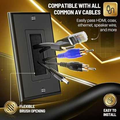 TNP Brush Wall Plate with Mounting Bracket Kit (5 Pack) Single Gang Cable Entry Access Brush Bristles Style Strap Opening Port Insert Socket Wiring Plug Jack Face Cover Outlet Mount Panel (Black) - color: Black, size: 1 Gang (5 Pack)